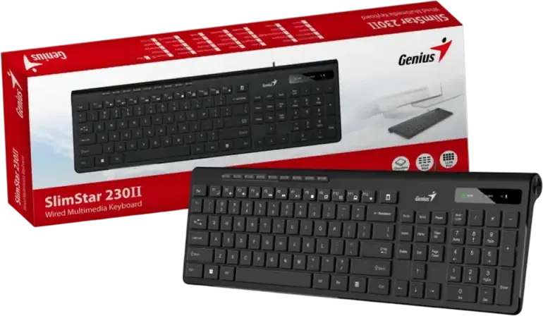 Genius SlimStar 230 II Wired Multimedia Keyboard, USB Interface, Chocolate Style Keys, AI Copilot Key for Windows 11, Membrane Technology, Black