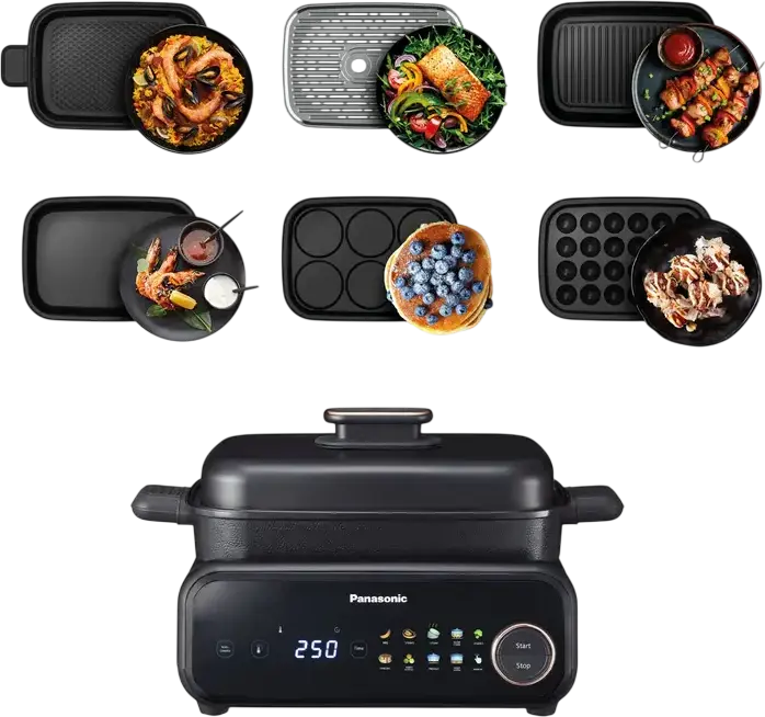 Panasonic NF-GM600KXE Multifunctional Multicooker, 1524W, 9 Auto Programs, 6 Cooking Plates including Teppanyaki and Takoyaki, Integrated Smoke Extractor