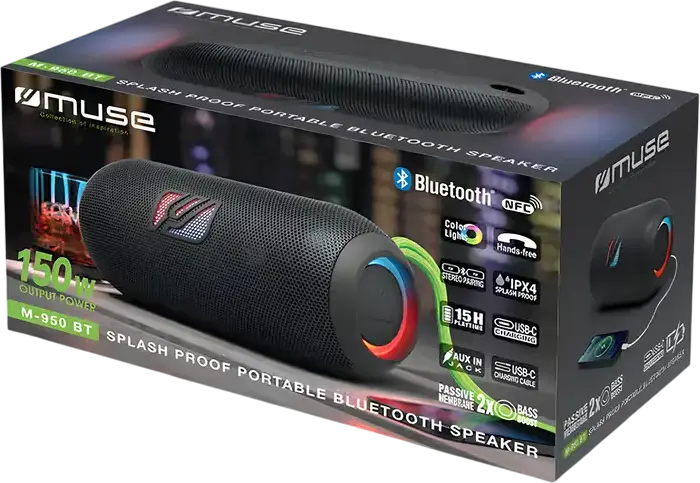 Muse M-950 BT Portable Bluetooth Speaker, 150W RMS, IPX4 Splash Proof, RGB Lights, NFC, 5000mAh Battery, 15h Playtime, Stereo Pairing, Black