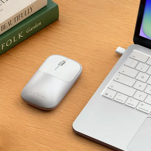 Mouse Wireless Satechi Slim EX, Argintiu, Conectivitate 3-in-1 Bluetooth 5.3 si 2.4GHz USB-C, Aluminiu Anodizat, Click Silentios, 1200 DPI, Ambidextru, Reincarcabil