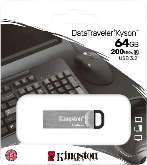 Kingston DataTraveler Kyson 64GB USB 3.2 Gen 1 Flash Drive, Metal Capless Design, Up to 200MB/s Read Speed, USB-A Interface, Silver