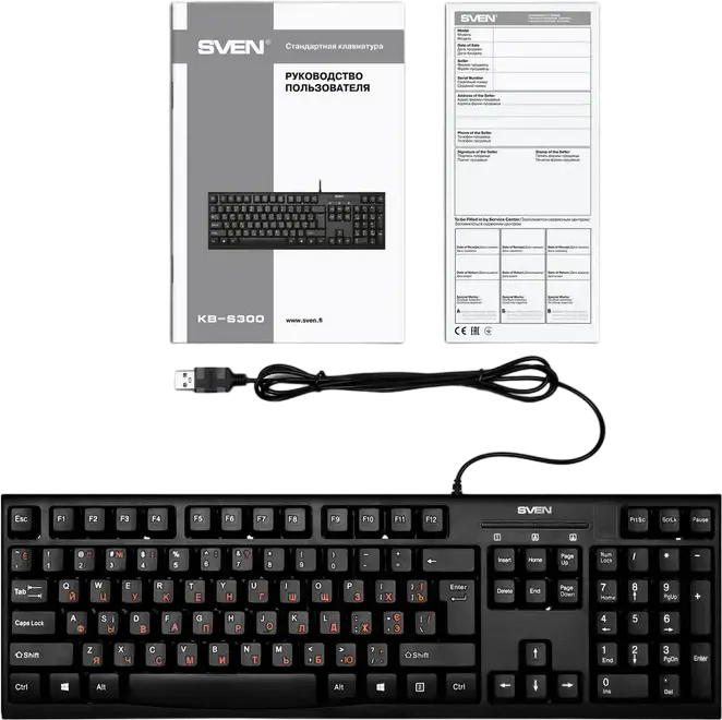 SVEN KB-S300 Wired Membrane Keyboard, USB Interface, Russian/English Layout, 104 Keys, Water-Resistant Design, Silent Tactile Feedback, Black