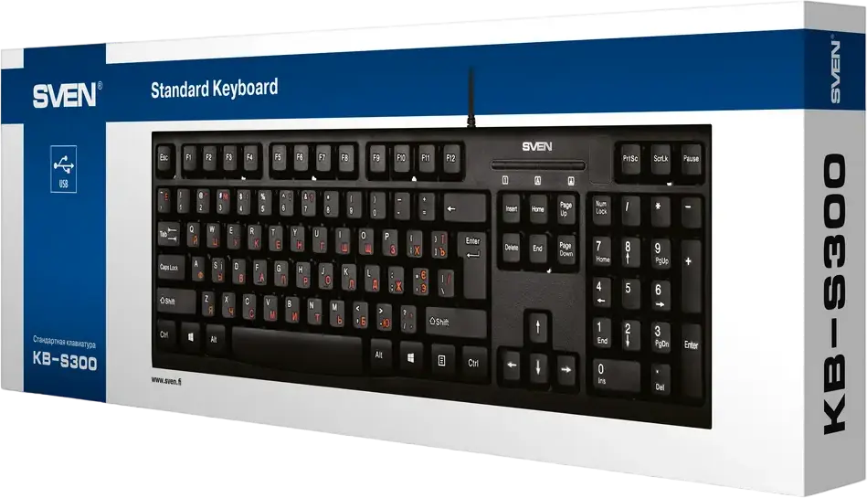 SVEN KB-S300 Wired Membrane Keyboard, USB Interface, Russian/English Layout, 104 Keys, Water-Resistant Design, Silent Tactile Feedback, Black