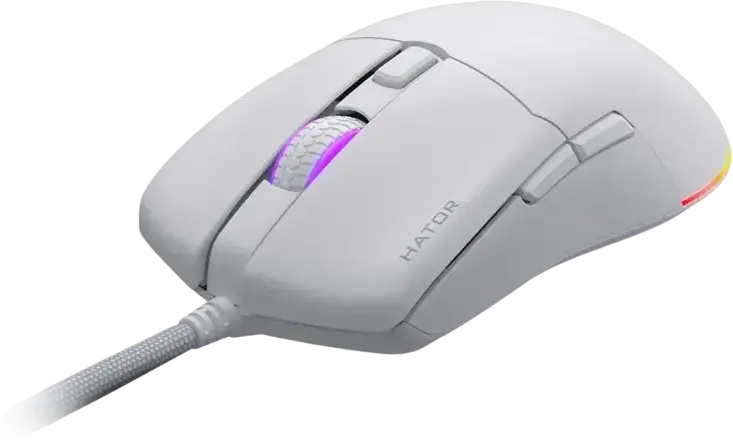 HATOR Pulsar 3 Wired Gaming Mouse, White, PixArt PMW 3311 Optical Sensor, 12,000 DPI, HATOR Optical 100M Switches, RGB Backlight, PTFE Glides, 62g, Paracord Cable, USB