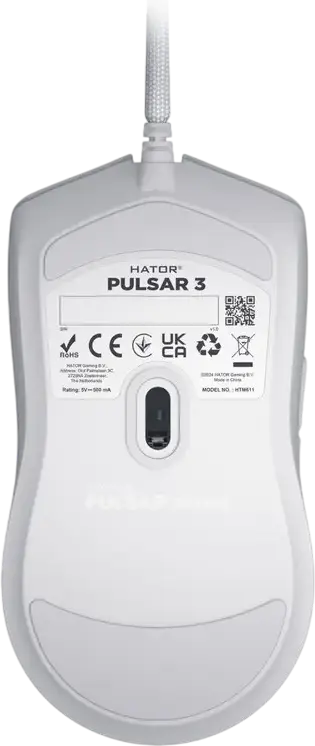 HATOR Pulsar 3 Wired Gaming Mouse, White, PixArt PMW 3311 Optical Sensor, 12,000 DPI, HATOR Optical 100M Switches, RGB Backlight, PTFE Glides, 62g, Paracord Cable, USB