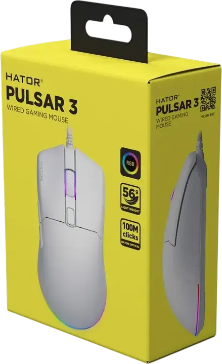 HATOR Pulsar 3 Wired Gaming Mouse, White, PixArt PMW 3311 Optical Sensor, 12,000 DPI, HATOR Optical 100M Switches, RGB Backlight, PTFE Glides, 62g, Paracord Cable, USB