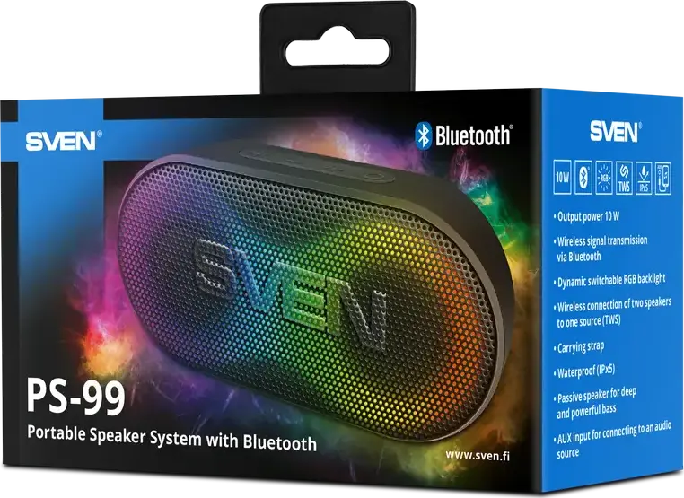 SVEN PS-99 Portable Bluetooth Speaker, 10W RMS, IPX5 Water Resistant, RGB Backlight, TWS, 1800mAh Battery, USB Type-C, AUX, Black