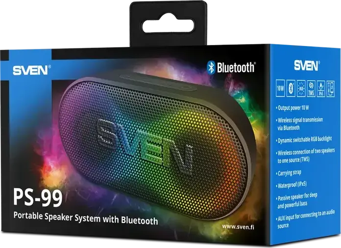 SVEN PS-99 Portable Bluetooth Speaker, 10W RMS, IPX5 Water Resistant, RGB Backlight, TWS, 1800mAh Battery, USB Type-C, AUX, Black