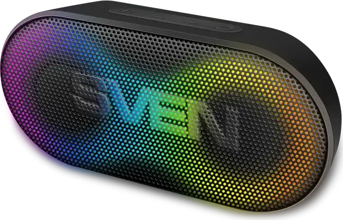 SVEN PS-99 Portable Bluetooth Speaker, 10W RMS, IPX5 Water Resistant, RGB Backlight, TWS, 1800mAh Battery, USB Type-C, AUX, Black