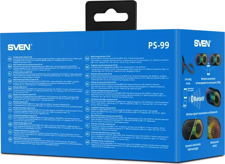 SVEN PS-99 Portable Bluetooth Speaker, 10W RMS, IPX5 Water Resistant, RGB Backlight, TWS, 1800mAh Battery, USB Type-C, AUX, Black