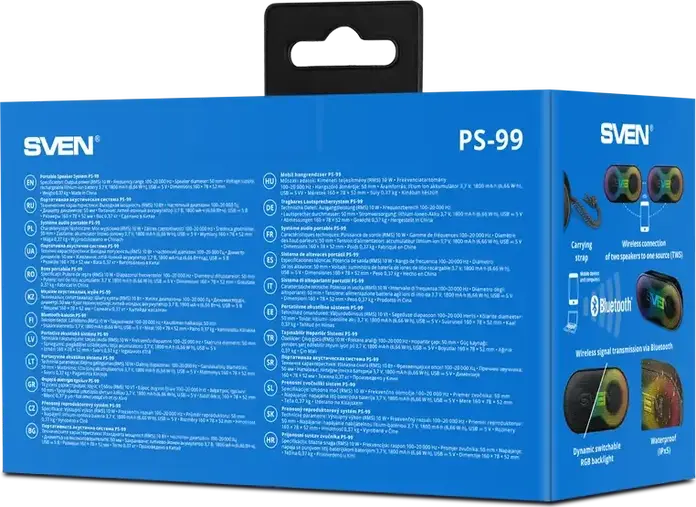 SVEN PS-99 Portable Bluetooth Speaker, 10W RMS, IPX5 Water Resistant, RGB Backlight, TWS, 1800mAh Battery, USB Type-C, AUX, Black
