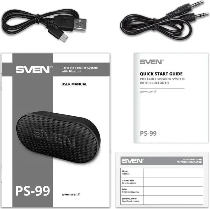 SVEN PS-99 Portable Bluetooth Speaker, 10W RMS, IPX5 Water Resistant, RGB Backlight, TWS, 1800mAh Battery, USB Type-C, AUX, Black