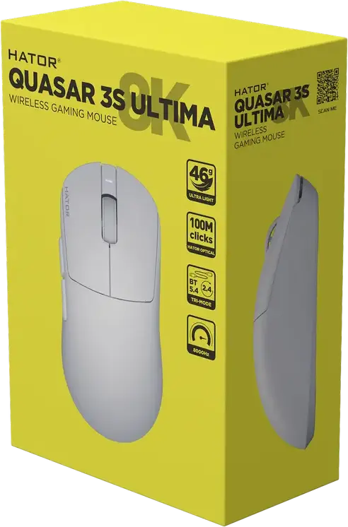 Mouse Gaming Wireless/Wired HATOR Quasar 3S Ultima 8K HTM660, pentru Dreptaci, Senzor PixArt PAW 3950, 30,000 DPI, Rata de Sondare 8000Hz, Switch-uri Optice, 46g, Glide-uri PTFE