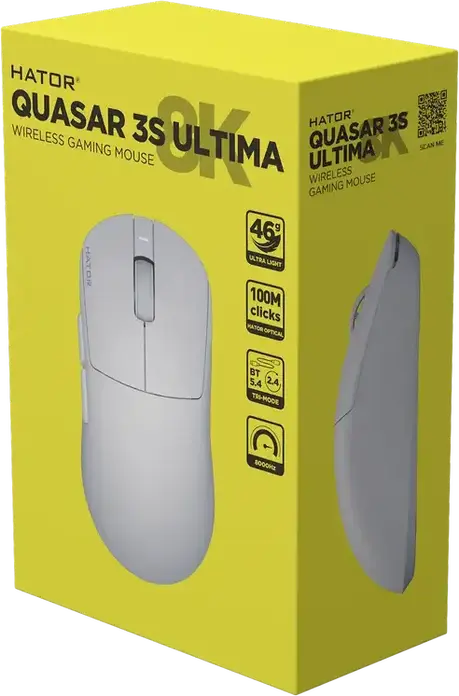 Mouse Gaming Wireless/Wired HATOR Quasar 3S Ultima 8K HTM660, pentru Dreptaci, Senzor PixArt PAW 3950, 30,000 DPI, Rata de Sondare 8000Hz, Switch-uri Optice, 46g, Glide-uri PTFE