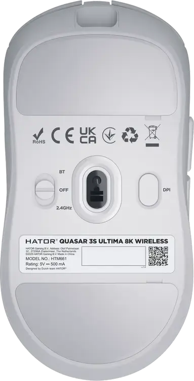 Mouse Gaming Wireless/Wired HATOR Quasar 3S Ultima 8K HTM660, pentru Dreptaci, Senzor PixArt PAW 3950, 30,000 DPI, Rata de Sondare 8000Hz, Switch-uri Optice, 46g, Glide-uri PTFE