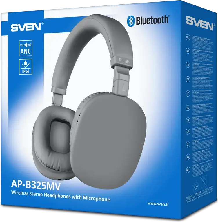 SVEN AP-B325MV Wireless Stereo Headphones, Grey, Bluetooth 5.3, Active Noise Cancellation (ANC), 40mm Driver, IPX4 Water Resistant, Foldable, 33h Battery