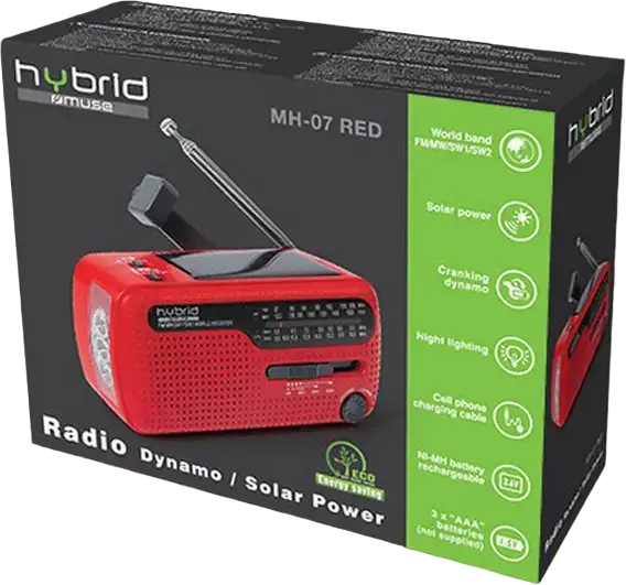 Muse MH-07 World Receiver Radio FM MW SW1 SW2 with Solar Panel, Dynamo Crank, Flashlight and Emergency Siren, USB Charging for Phones, Red