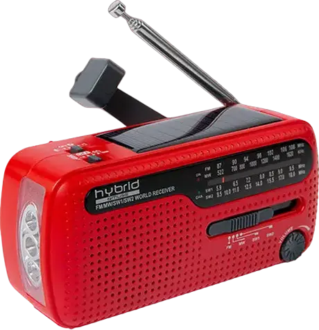 Muse MH-07 World Receiver Radio FM MW SW1 SW2 with Solar Panel, Dynamo Crank, Flashlight and Emergency Siren, USB Charging for Phones, Red
