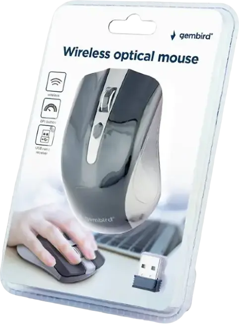 Gembird MUSW-4B-04-GB Wireless Optical Mouse, 4 Buttons, 800/1200/1600 DPI Adjustable, 2.4 GHz Nano USB Receiver, Ambidextrous, Grey/Black