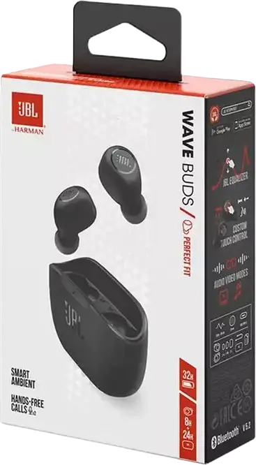 JBL Wave Buds True Wireless Earbuds - Black, with 8mm Drivers, Deep Bass Sound, 32h Battery Life, IP54 Water and Dust Resistant, JBL Headphones App Support
