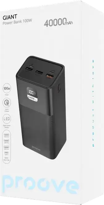 Power Bank Proove Giant 40000mAh 100W Incarcator Extern Rapid, Negru, PD Power Delivery, QC, Display Digital LED, 3x USB-A 1x USB-C pentru Laptopuri si Telefoane
