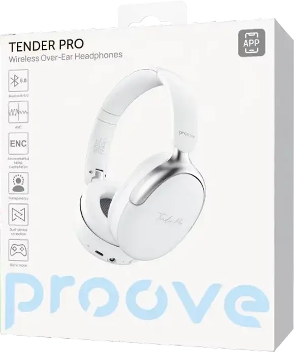 Casca Wireless Over-Ear Proove Tender Pro cu ANC ENC, Bluetooth 6.0, Difuzoare 40mm, Autonomie 90h, USB Type-C si AUX 3.5mm, Plastic ABS, Alb