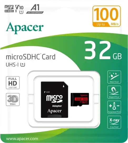 Apacer R100 32GB microSDHC Memory Card Class 10 U1 V10 A1, Read/Write up to 100MB/s, Full HD 3D Video Support, Waterproof X-ray Proof with SD Adapter