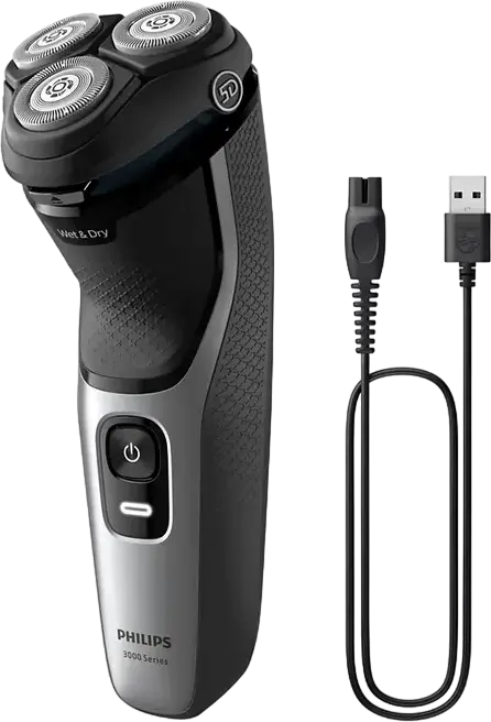 Philips S3143/00 3000 Series Rotary Shaver, Wet & Dry, 5D Pivot & Flex Heads, 27 PowerCut Self-Sharpening Blades, SkinProtect, Li-Ion, 60min Runtime