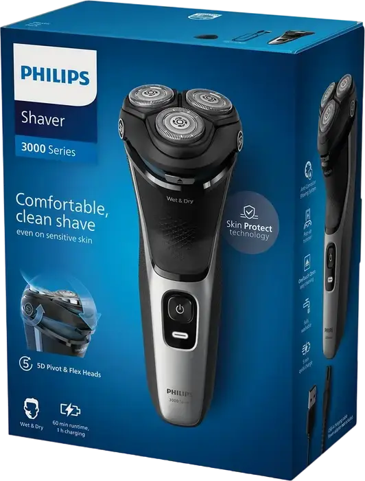 Philips S3143/00 3000 Series Rotary Shaver, Wet & Dry, 5D Pivot & Flex Heads, 27 PowerCut Self-Sharpening Blades, SkinProtect, Li-Ion, 60min Runtime