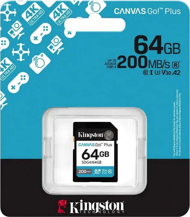 Kingston Canvas Go! Plus SD (SDG4) Memory Card 64 GB, UHS-I U3 V30 Class 10, Up to 200MB/s Read, Waterproof X-Ray Proof, for 4K UHD Video and DSLR Cameras