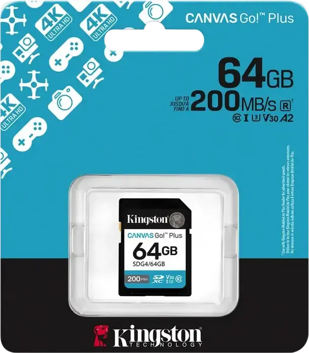 Kingston Canvas Go! Plus SD (SDG4) Memory Card 64 GB, UHS-I U3 V30 Class 10, Up to 200MB/s Read, Waterproof X-Ray Proof, for 4K UHD Video and DSLR Cameras