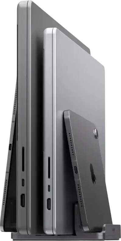 Spigen LD208S4 Vertical Laptop Stand and Desk Organizer, Adjustable Aluminum Holder for 4 Devices, Tablets and Smartphones, Space Gray