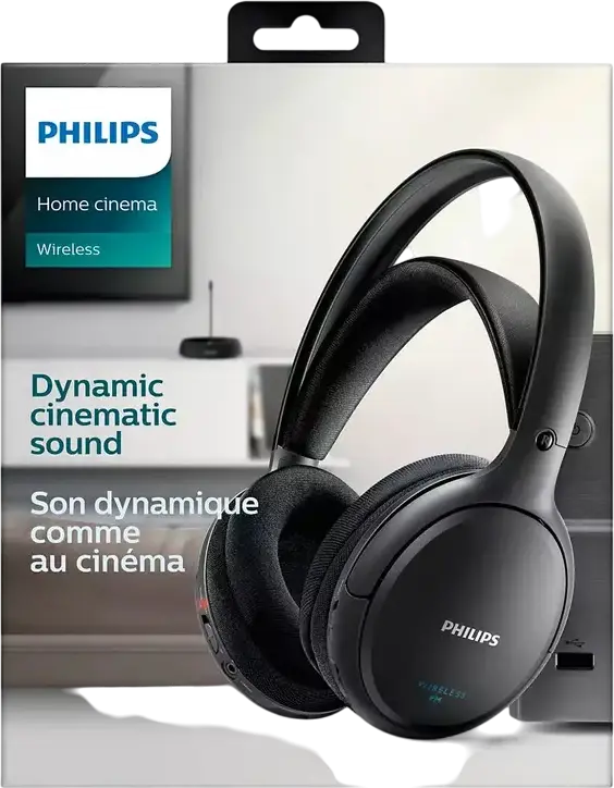 Philips SHC5200/10 Wireless Hi-Fi Over-Ear Headphones, Closed-Back Dynamic 32mm Drivers, FM Transmitter Base, 100m Range, 14h Battery Life, Black