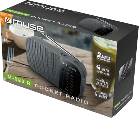 Radio de buzunar Muse M-025 R, 2 Benzi FM/MW, Acordaj Analog, Difuzor Integrat, Mufa Casca 3.5mm, Design Compact Portabil, Negru