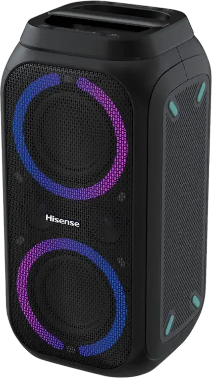 Hisense Party Rocker 160 Portable Bluetooth Speaker, 160W RMS, IPX4 Waterproof, RGB Lighting, Karaoke Mode with Vocal Fader, Pair Play, Black