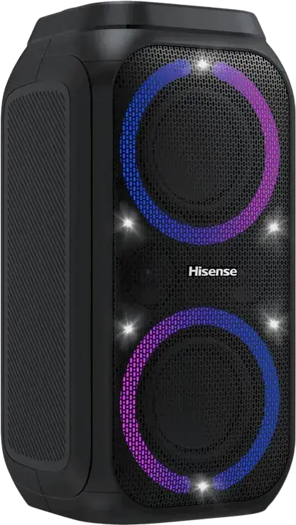 Hisense Party Rocker 160 Portable Bluetooth Speaker, 160W RMS, IPX4 Waterproof, RGB Lighting, Karaoke Mode with Vocal Fader, Pair Play, Black