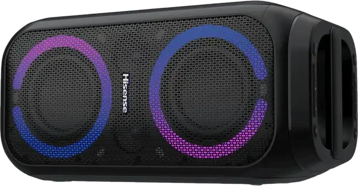 Hisense Party Rocker 160 Portable Bluetooth Speaker, 160W RMS, IPX4 Waterproof, RGB Lighting, Karaoke Mode with Vocal Fader, Pair Play, Black
