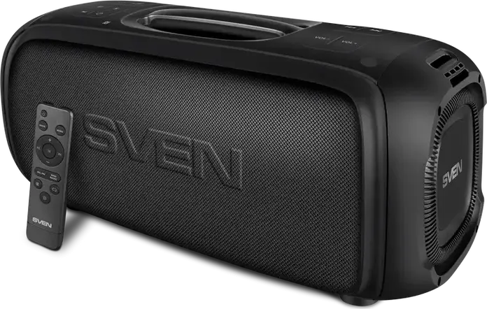 SVEN PS-860 Portable Party Speaker, 100W RMS 2.1 CH, Bluetooth 5.0, NFC, TWS, RGB Lighting, 5400mAh Battery, FM Radio, Mic Inputs with Echo, Black