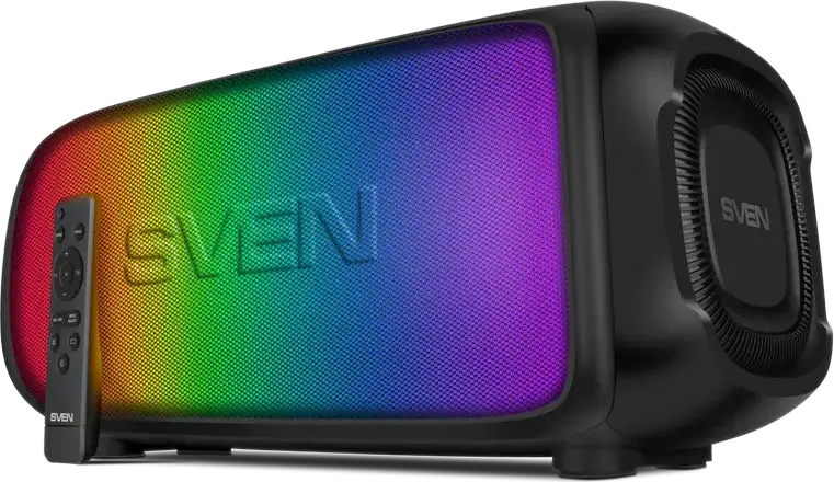 SVEN PS-860 Portable Party Speaker, 100W RMS 2.1 CH, Bluetooth 5.0, NFC, TWS, RGB Lighting, 5400mAh Battery, FM Radio, Mic Inputs with Echo, Black