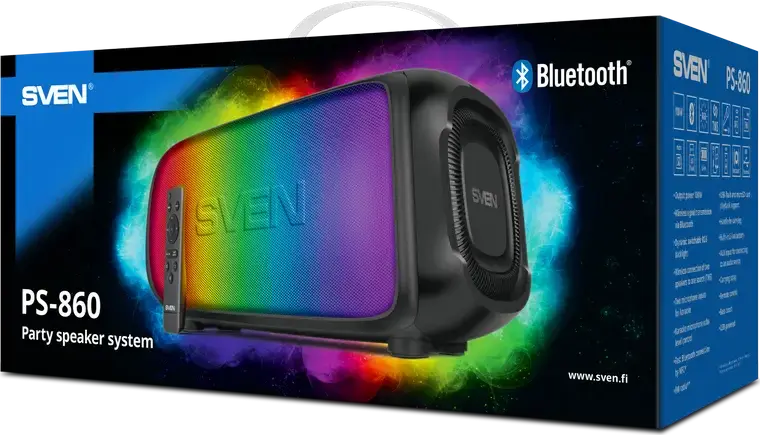 SVEN PS-860 Portable Party Speaker, 100W RMS 2.1 CH, Bluetooth 5.0, NFC, TWS, RGB Lighting, 5400mAh Battery, FM Radio, Mic Inputs with Echo, Black