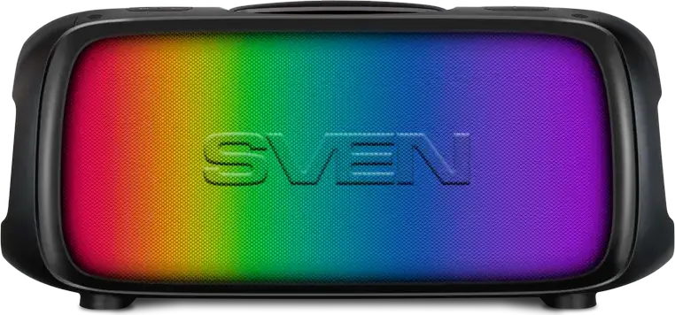 SVEN PS-860 Portable Party Speaker, 100W RMS 2.1 CH, Bluetooth 5.0, NFC, TWS, RGB Lighting, 5400mAh Battery, FM Radio, Mic Inputs with Echo, Black