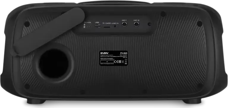 SVEN PS-860 Portable Party Speaker, 100W RMS 2.1 CH, Bluetooth 5.0, NFC, TWS, RGB Lighting, 5400mAh Battery, FM Radio, Mic Inputs with Echo, Black