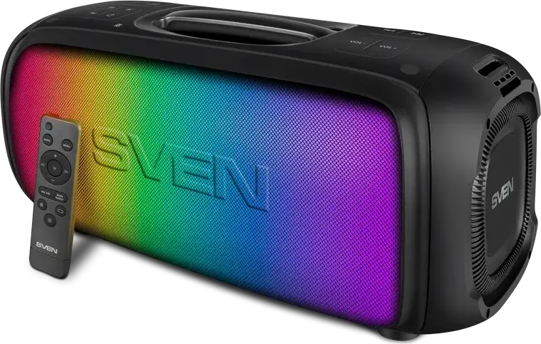 SVEN PS-860 Portable Party Speaker, 100W RMS 2.1 CH, Bluetooth 5.0, NFC, TWS, RGB Lighting, 5400mAh Battery, FM Radio, Mic Inputs with Echo, Black