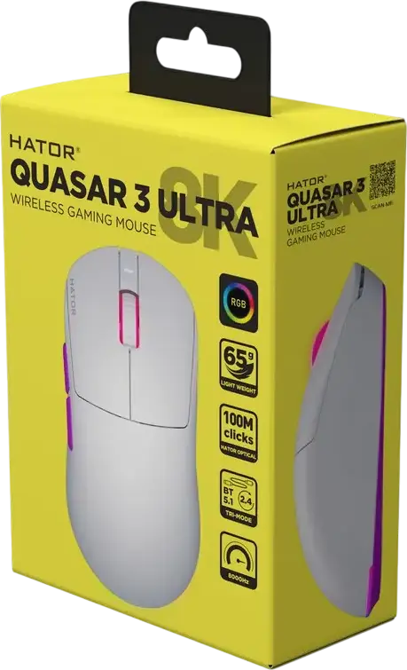Mouse Gaming Wireless HATOR Quasar 3 Ultra 8K, Alb, Senzor PixArt PAW 3950 30,000 DPI, Rata Polling 8000Hz, Switch-uri Optice, 65g, Conectivitate Tri-mod