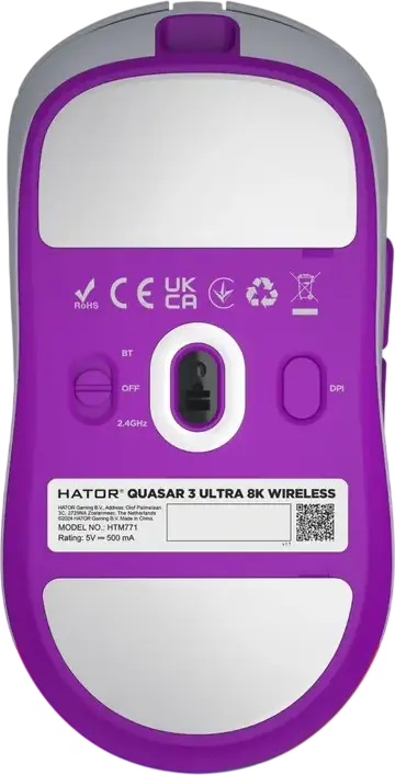 Mouse Gaming Wireless HATOR Quasar 3 Ultra 8K, Alb, Senzor PixArt PAW 3950 30,000 DPI, Rata Polling 8000Hz, Switch-uri Optice, 65g, Conectivitate Tri-mod