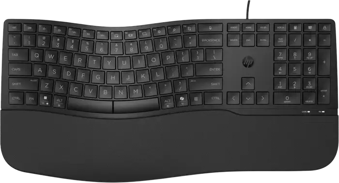 HP 480 Comfort Wired USB Keyboard, Ergonomic Wave Design with Cushioned Palm Rest, 23 Programmable Keys, Multimedia & Fn Keys, Black