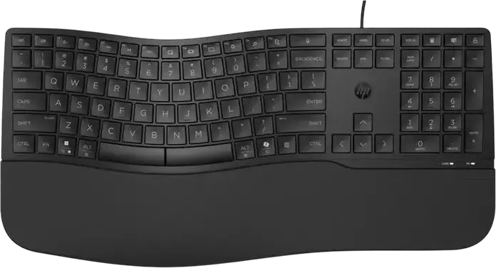HP 480 Comfort Wired USB Keyboard, Ergonomic Wave Design with Cushioned Palm Rest, 23 Programmable Keys, Multimedia & Fn Keys, Black