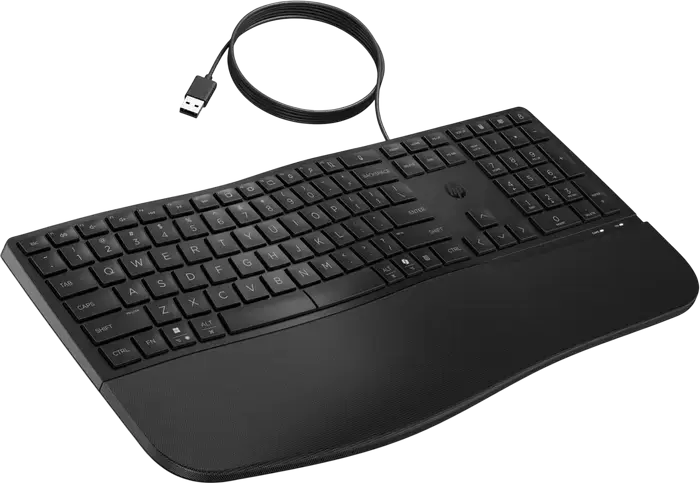HP 480 Comfort Wired USB Keyboard, Ergonomic Wave Design with Cushioned Palm Rest, 23 Programmable Keys, Multimedia & Fn Keys, Black