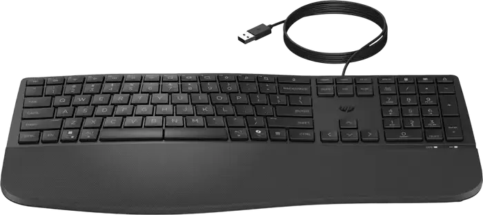HP 480 Comfort Wired USB Keyboard, Ergonomic Wave Design with Cushioned Palm Rest, 23 Programmable Keys, Multimedia & Fn Keys, Black