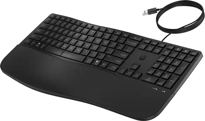 HP 480 Comfort Wired USB Keyboard, Ergonomic Wave Design with Cushioned Palm Rest, 23 Programmable Keys, Multimedia & Fn Keys, Black